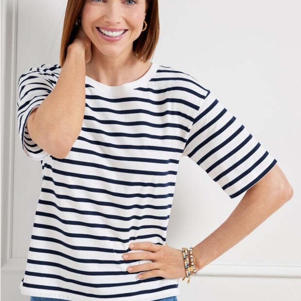 Talbots Navy and White Striped Short Sleeve Tee